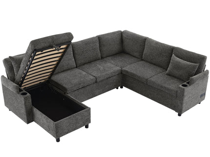 U-Shaped Sectional Sleeper Sofa With Ample Storage Space, 2 Cup Holders And Charging Ports For Living Room