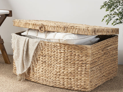 Rectangular Curve Water Hyacinth Woven Wicker Trunk With Handles For Clothes Toys Magazines And Book Storage - Natural / Light Brown