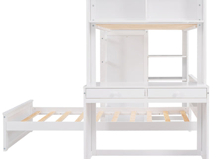 Loft Bed With A Stand Alone Bed, Shelves, Desk, And Wardrobe