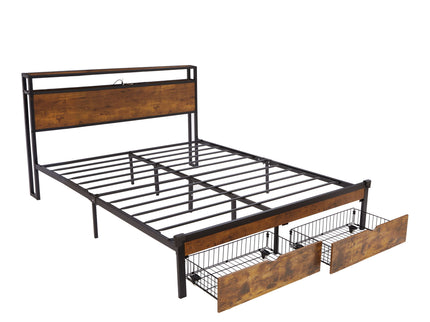 Modern Metal Platform Bed Frame With Wooden Headboard And Footboard, USB Charging Station, LED Lights, 2 Drawers