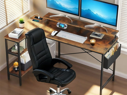 L-Shaped Gaming Desk With Power Outlets, Monitor Stand & Storage Shelves, Reversible Corner Workstation - Black / Brown
