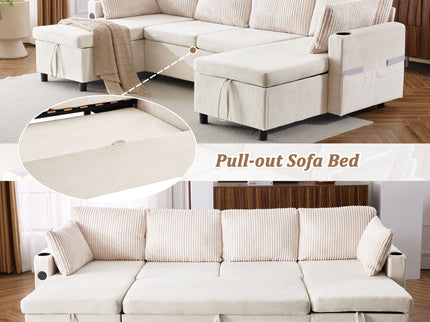 Sectional Sofa Bed With Pull Out Sleeper, USB Ports, Cup Holders