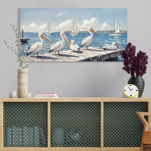 Beach Wall Art Large Ocean Seagull Canvas Pictures For Living Room - Ivory / Navy