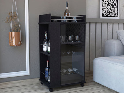 Bar Cart With Glass Door, 2 Side Shelves And Casters - Black