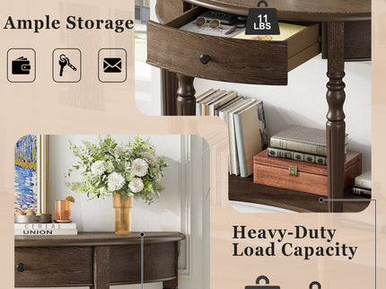 Half Moon Console Table With Drawer & Shelf For Living Room - Walnut