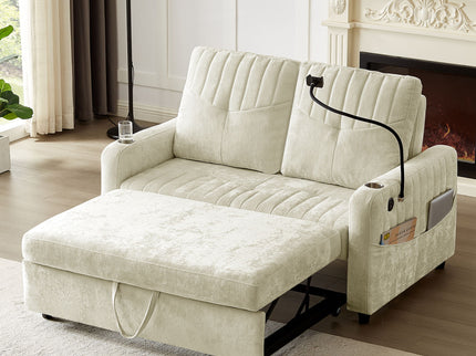 Modern Loveseat Pull Out Sofa Bed With Adjustable Backrest, Two Cup Holders, A Phone Holder, Three Charging Ports And Side Storage Pockets For Living Room