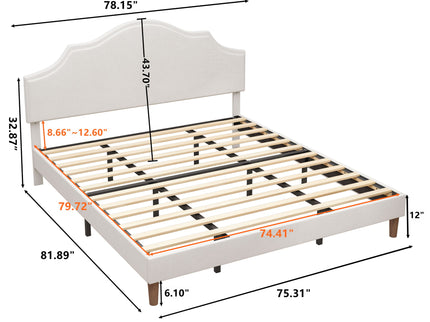 King Size, Upholstered Platform Bed Frame With Adjustable Headboard, No Box Spring Needed - White
