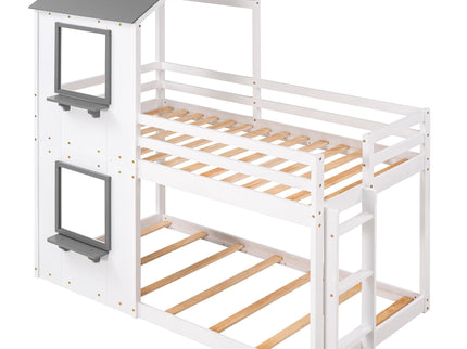 Bunk Bed Wood Bed & Roof, Window, Guardrail, Ladder
