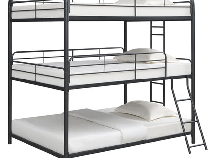 Triple Bunk Bed, Full Size With Sturdy Metal Frame And Safe Stairs - Black