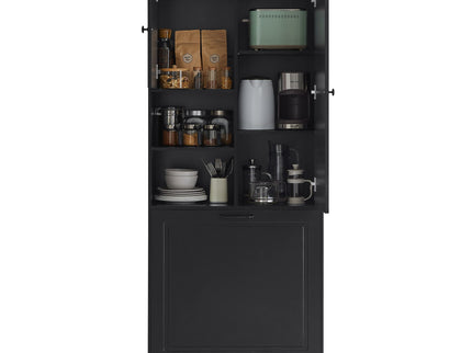 Modern Tall Storage Cabinet With Adjustable Shelves, Flip-Out Basket & Enclosed Doors