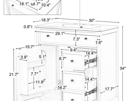 Bathroom Vanity With Sink Top, Cabinet With Door And 2 Drawers - White