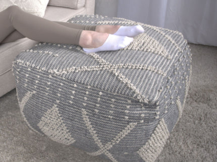 Diamond - Handcrafted Faux Yarn Pouf - Ivory / Gray