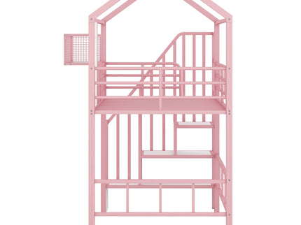 Metal Loft Bed With Roof Design And Storage Box With Guardrails And Integrated Ladder