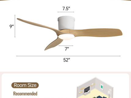 Flush Mount Ceiling Fan With Dimmable LED Light, 3 Blades, Reversible DC Motor Blades For Living Room