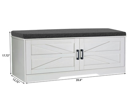 2 Tier Shoe Bench With Padded Seat, 2 Barn Doors And Adjustable Shelves, For Entryway And Living Room - White
