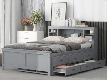 Platform Bed With Storage Headboard, USB, Trundle And 3 Drawers