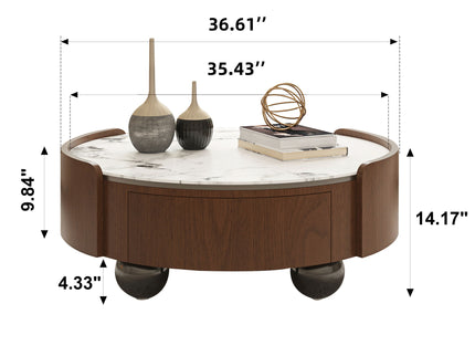 Round Coffee Table With Ball Feet, Dual Storage Drawers For Living Room - Walnut Brown