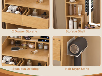 Vanity Table With LED Mirror, Power Outlet, Hairdryer Holder & Padded Stool, Compact Dressing Desk For Small Bedrooms - Wood
