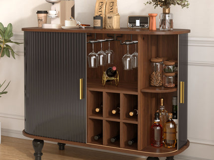 Fluted Liquor & Coffee Bar Cabinet With 6 Wine Racks And 3 Glass Holders