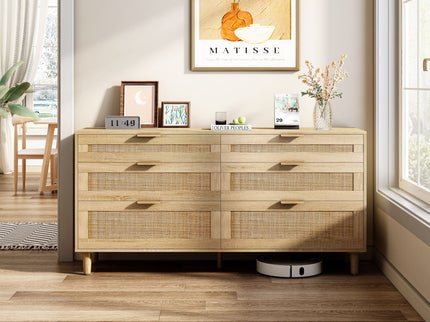 Rattan Dresser With 6 Drawers, Wooden Legs & Metal Handle