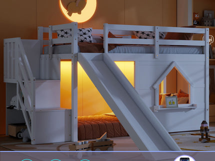 Loft Bed With Storage Stairs, Slide, Playhouse Window And 7 Colors LED Lights