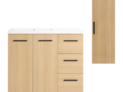 Freestanding Bathroom Vanity Set With Tall Linen Cabinet, 3 Drawers And Large Storage, Single Sink