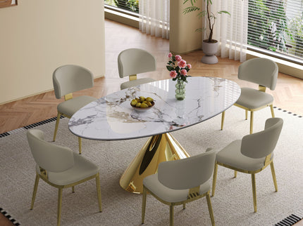 Modern Luxury Marble Dining Table Set Oval Kitchen Table With Stainless Steel Base - Gold / White Print