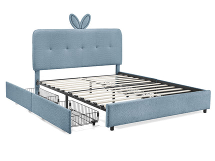 Upholstered Bed With Oversized Rabbit Ear Headboard, LED Lights & 4 Storage Drawers