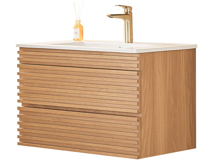 Wall Mounted & Floating Single Vanity With Ceramic Sink - Natural Walnut