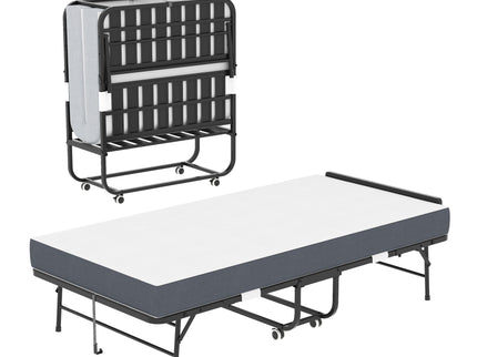 Twin Folding Bed With Adjustable Headboard, Memory Foam For Tall People, Heavy-Duty Portable On Wheels, Easy Assembly - Black