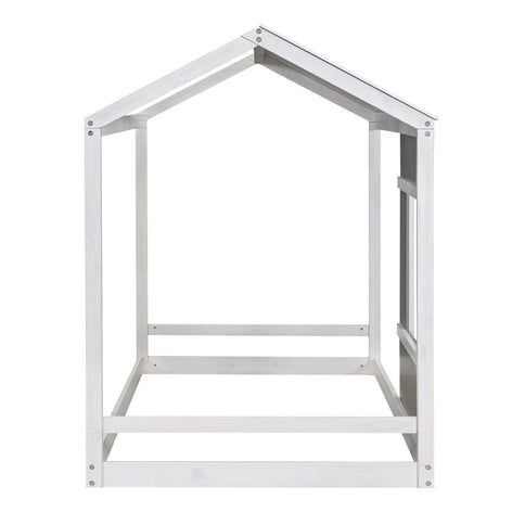 Twin Size House Platform Bed With Roof And Window - Natural / White