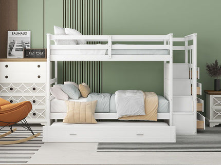 Twin Over Twin Bunk Bed With Trundle And Staircase - White