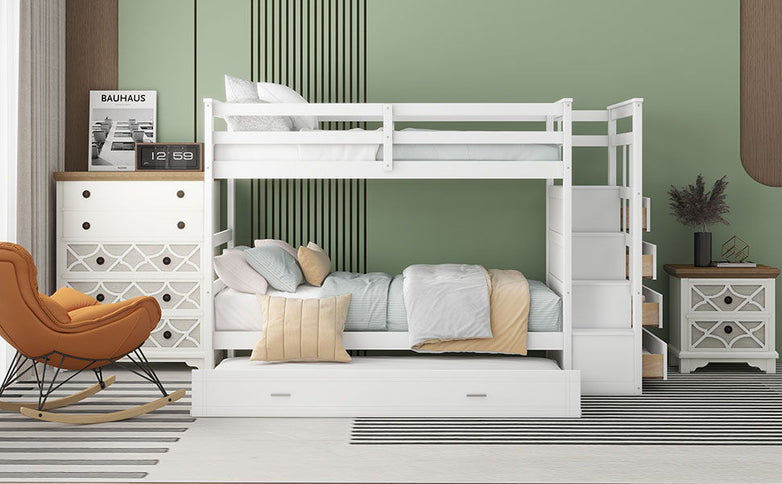 Twin Over Twin Bunk Bed With Trundle And Staircase - White