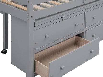 Loft Bed With Retractable Writing Desk And 4 Drawers, With Lateral Portable Desk And Shelves