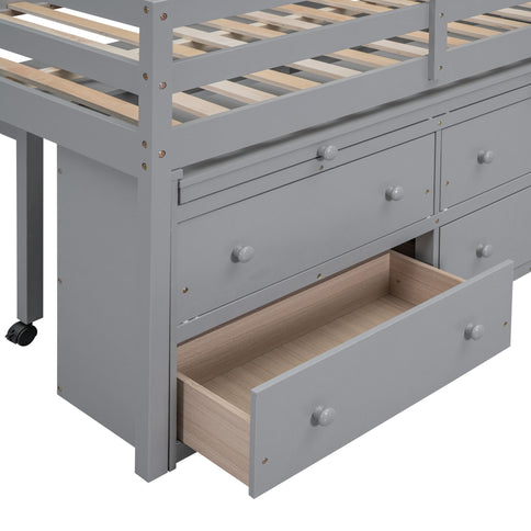Loft Bed With Retractable Writing Desk And 4 Drawers, With Lateral Portable Desk And Shelves