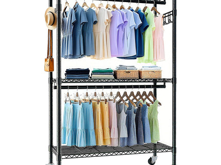Heavy Duty Rolling Clothes Rack With 3 Tier Shelves, 2 Rails & Side Hooks, Adjustable Freestanding Organizer Metal - Black