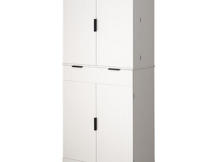 Fluted Kitchen Pantry Cabinet With 3 Keyboard Drawers & 6 Adjustable Door Shelves