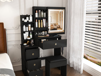 Vanity Desk With 3 LED Lighting Modes, 4 Drawers, Open Shelves, Hair Dryer Holder & Power Socket Dressing Table Set With Chair - Black