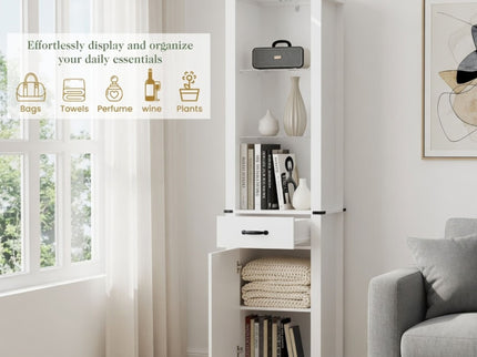 Pantry Cabinet With LED Lights And Barn Door With Tempered Glass Shelves - White