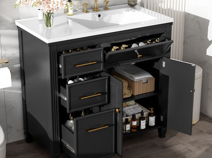 Modern Bathroom Vanity With Ceramic Sink, Freestanding, One Tip Out Drawer, 3 Side Drawers, Adjustable Shelf