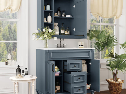 Bathroom Vanity With Top Sink, Mirror Cabinet, 2 Soft Closing Doors & 2 Drawers