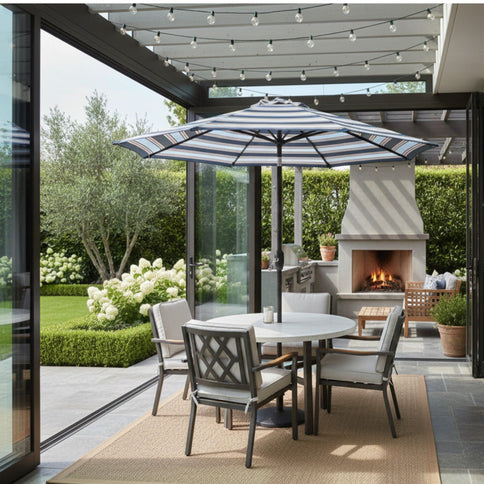 Patio Umbrella With Crank Lift & Push Button Tilt Frame, 200G / Sqm Solution Dyed Canopy - Blue Multi / Brown