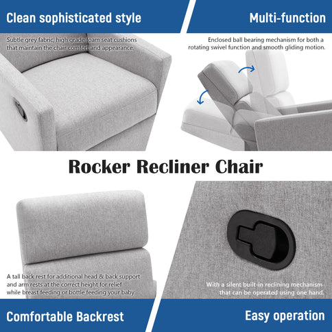 Modern Upholstered Rocker Nursery Chair Seating Glider Swivel Recliner Chair