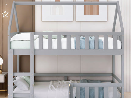 Twin Over Twin House Bunk Bed With Fence And Door