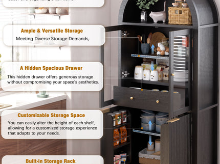 Fluted Tall Arched Pantry Cabinet With Adjustable Shelves, Glass Door & Hidden Drawer For Kitchen