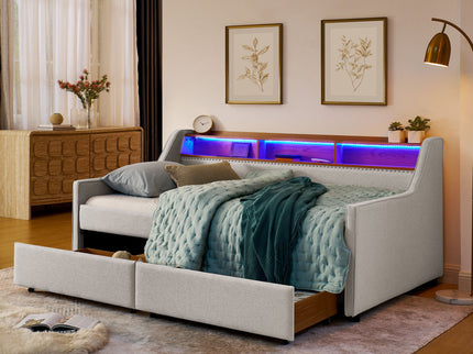 Twin Upholstered Sofa Bed With LED Lights, Storage Drawers, Adjustable Headboard & Wireless Charging - Beige