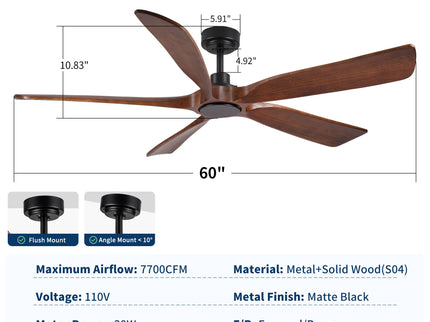 Ceiling Fan With Light And Remote Control, Noiseless, 6 Speeds Reversible, Quiet DC - Matte Black