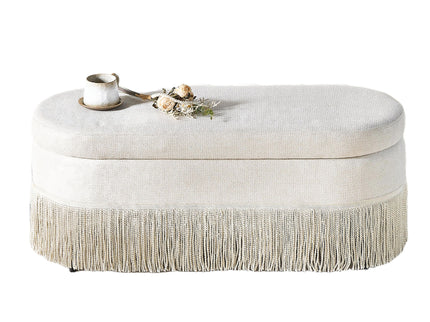 Oval Upholstered Storage Ottoman With Fringe Trim & Lift Top Lid