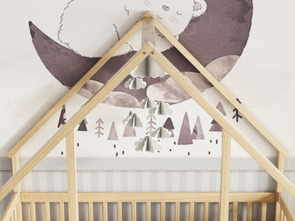Wood House-Shaped Floor Bed With Fence, Guardrails