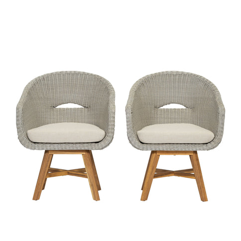 Modern Coastal Rattan Dining Chairs, (Set of 2), Solid Wood Legs - Beige
